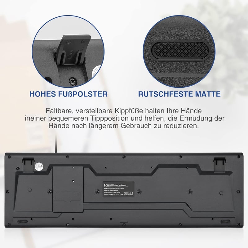 Rii Vezetékes Billentyűzet USB QWERTZ Német Kiosztás PC Laptop Mac Windows MacOS Fekete