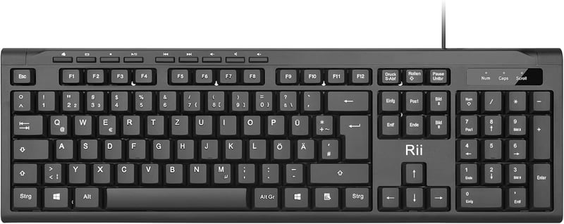 Rii Vezetékes Billentyűzet USB QWERTZ Német Kiosztás PC Laptop Mac Windows MacOS Fekete