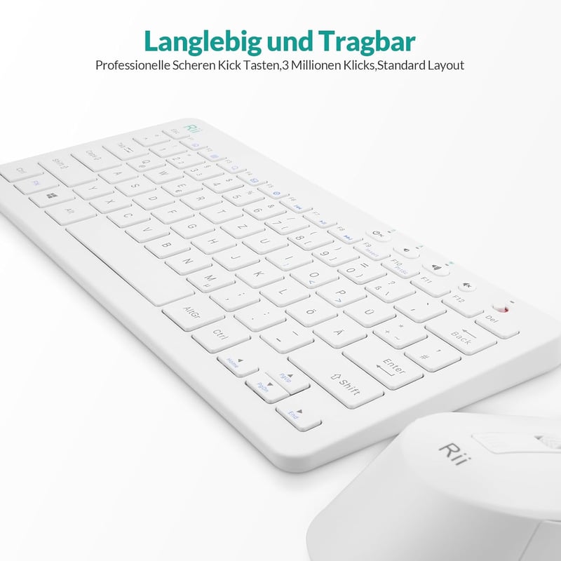 Rii Wireless Billentyűzet és Egér Szett, 2.4G, Német QWERTZ, Fehér