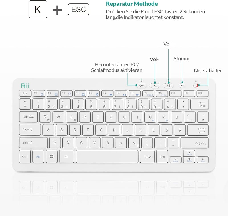 Rii Wireless Billentyűzet és Egér Szett, 2.4G, Német QWERTZ, Fehér