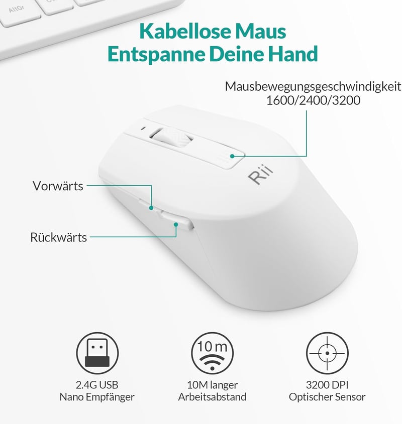 Rii Wireless Billentyűzet és Egér Szett, 2.4G, Német QWERTZ, Fehér