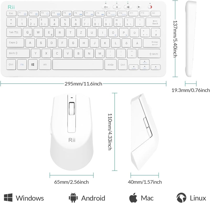 Rii Wireless Billentyűzet és Egér Szett, 2.4G, Német QWERTZ, Fehér