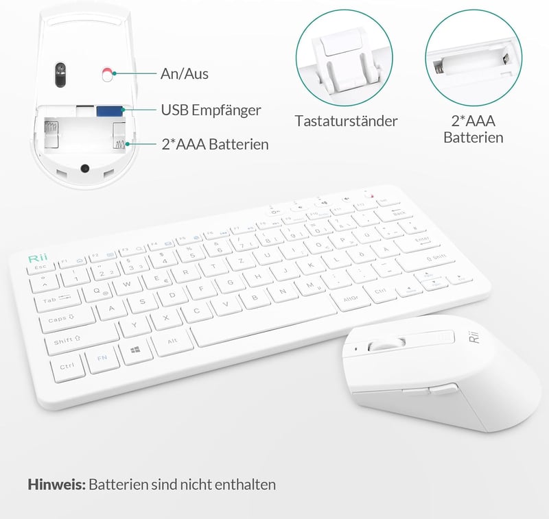 Rii Wireless Billentyűzet és Egér Szett, 2.4G, Német QWERTZ, Fehér