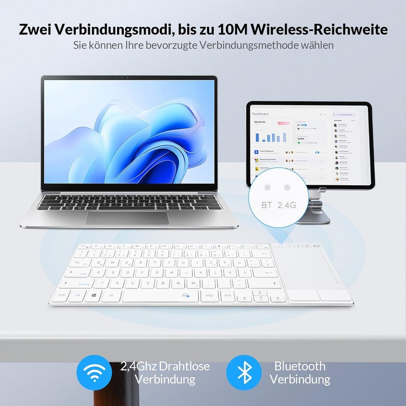 Rii Wireless Billentyűzet Touchpad-del, 2.4GHz + Bluetooth, Újratölthető - White