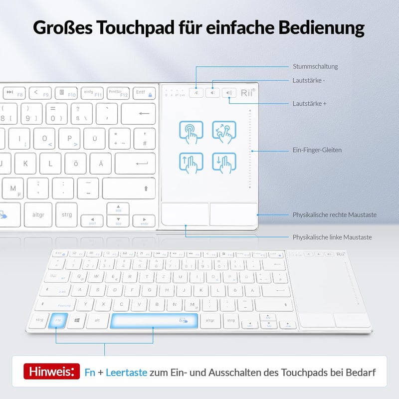 Rii Wireless Billentyűzet Touchpad-del, 2.4GHz + Bluetooth, Újratölthető - White