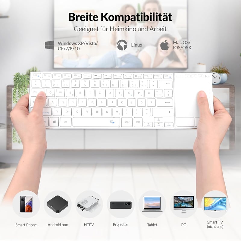 Rii Wireless Billentyűzet Touchpad-del, 2.4GHz + Bluetooth, Újratölthető - White