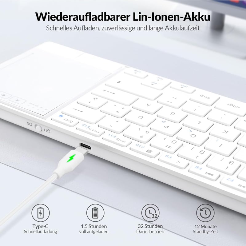 Rii Wireless Billentyűzet Touchpad-del, 2.4GHz + Bluetooth, Újratölthető - White