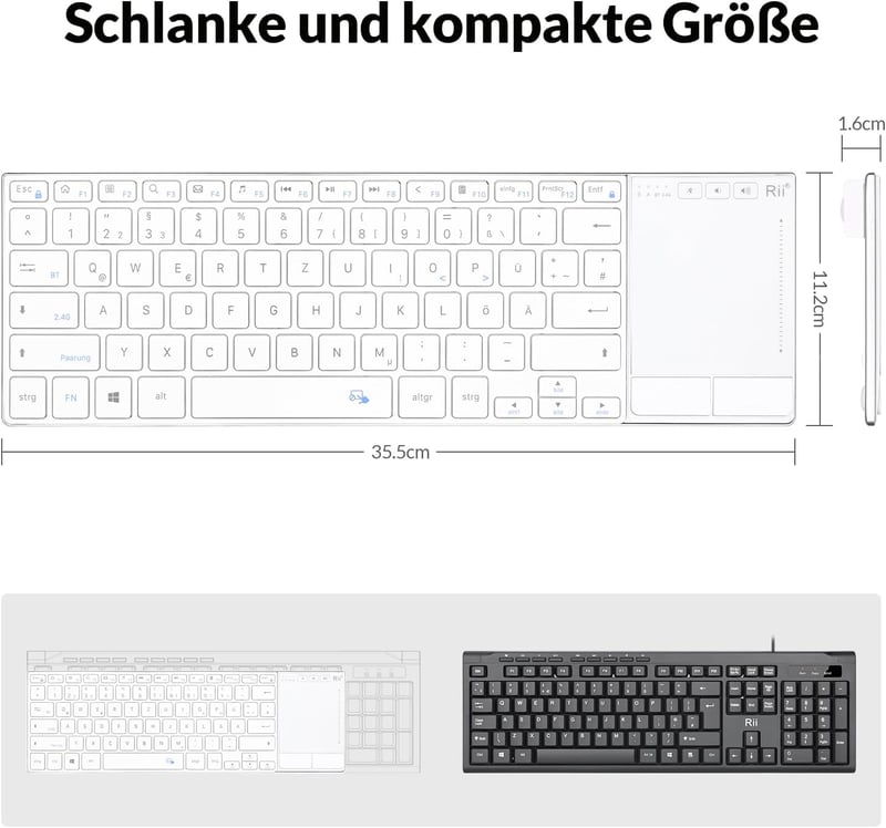 Rii Wireless Billentyűzet Touchpad-del, 2.4GHz + Bluetooth, Újratölthető - White