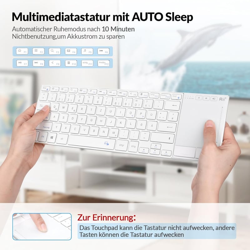 Rii Wireless Billentyűzet Touchpad-del, 2.4GHz + Bluetooth, Újratölthető - White