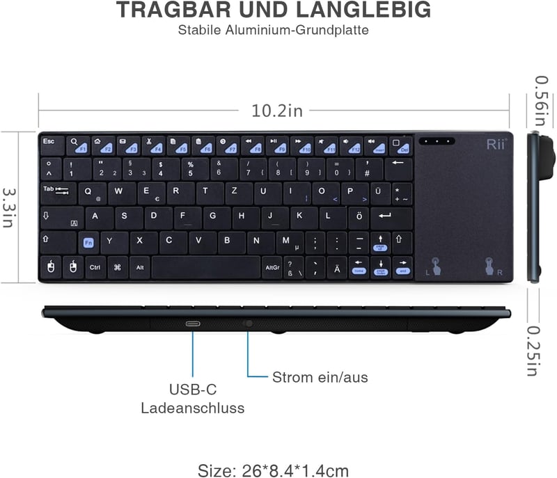Rii Wireless Billentyűzet Touchpad-del, Újratölthető, PC/Laptop/Smart TV-hez - black