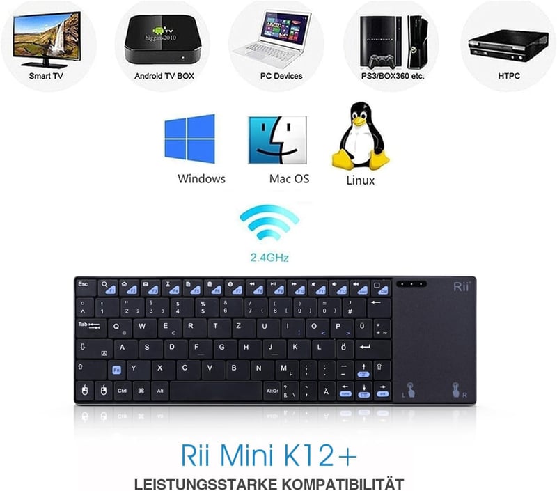 Rii Wireless Billentyűzet Touchpad-del, Újratölthető, PC/Laptop/Smart TV-hez - black