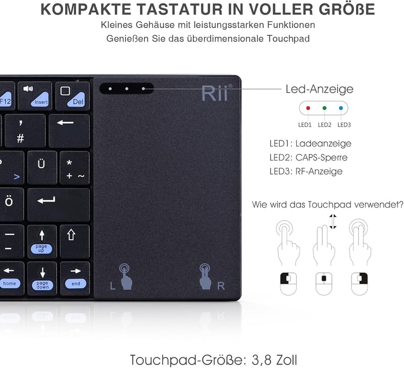 Rii Wireless Billentyűzet Touchpad-del, Újratölthető, PC/Laptop/Smart TV-hez - black