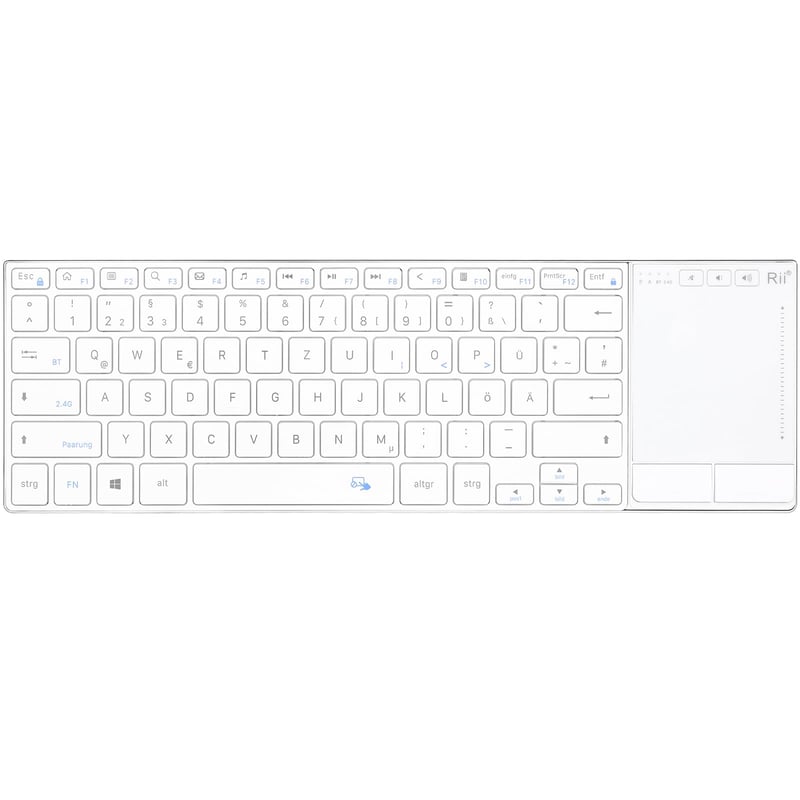 Bezdrôtová klávesnica Rii s touchpadom, 2,4 GHz + Bluetooth, nabíjateľná – biela