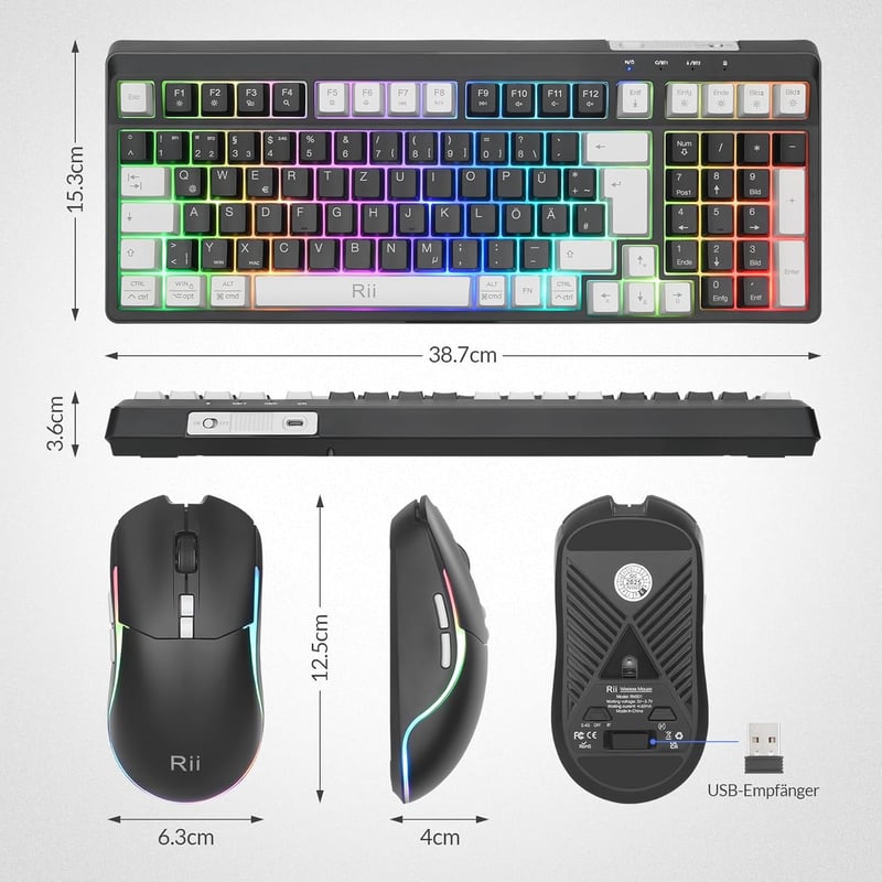 Rii Wireless Gaming Billentyűzet és Egér Szett, Bluetooth 2.4GHz, LED Háttérvilágítás