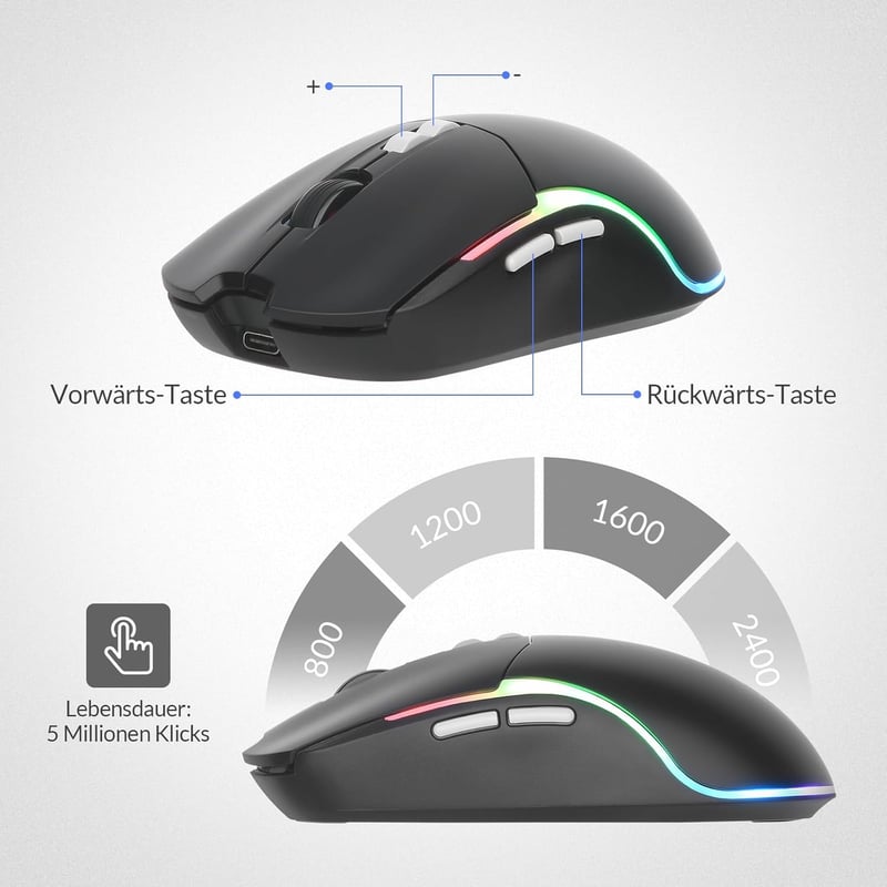 Rii Wireless Gaming Billentyűzet és Egér Szett, Bluetooth 2.4GHz, LED Háttérvilágítás