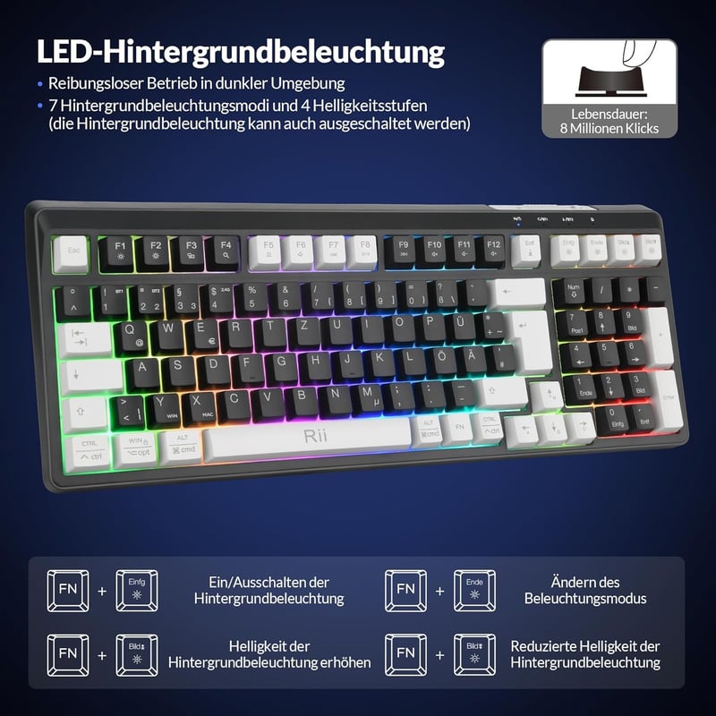Rii Wireless Gaming Billentyűzet és Egér Szett, Bluetooth 2.4GHz, LED Háttérvilágítás