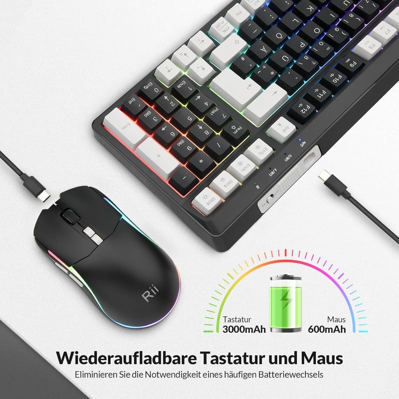 Rii Wireless Gaming Billentyűzet és Egér Szett, Bluetooth 2.4GHz, LED Háttérvilágítás