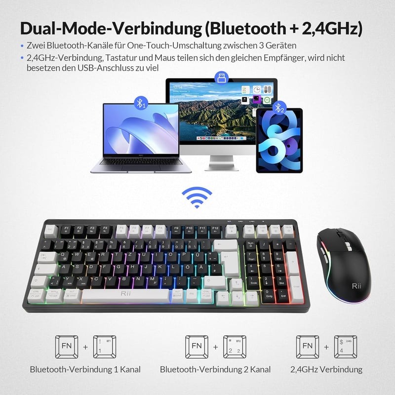 Rii Wireless Gaming Billentyűzet és Egér Szett, Bluetooth 2.4GHz, LED Háttérvilágítás