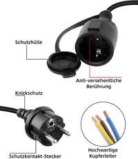 RIIEYOCA Schuko Hosszabbító Kábel, IP44 Védett, 250V/16A, Földelt, Védőkupakos, Kültéri-Beltéri Használatra, Fekete 4