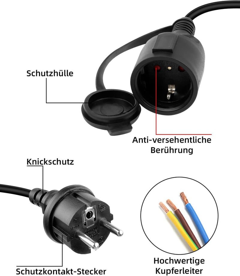 RIIEYOCA Schuko Hosszabbító Kábel, IP44 Védett, 250V/16A, Földelt, Védőkupakos, Kültéri-Beltéri Használatra, Fekete