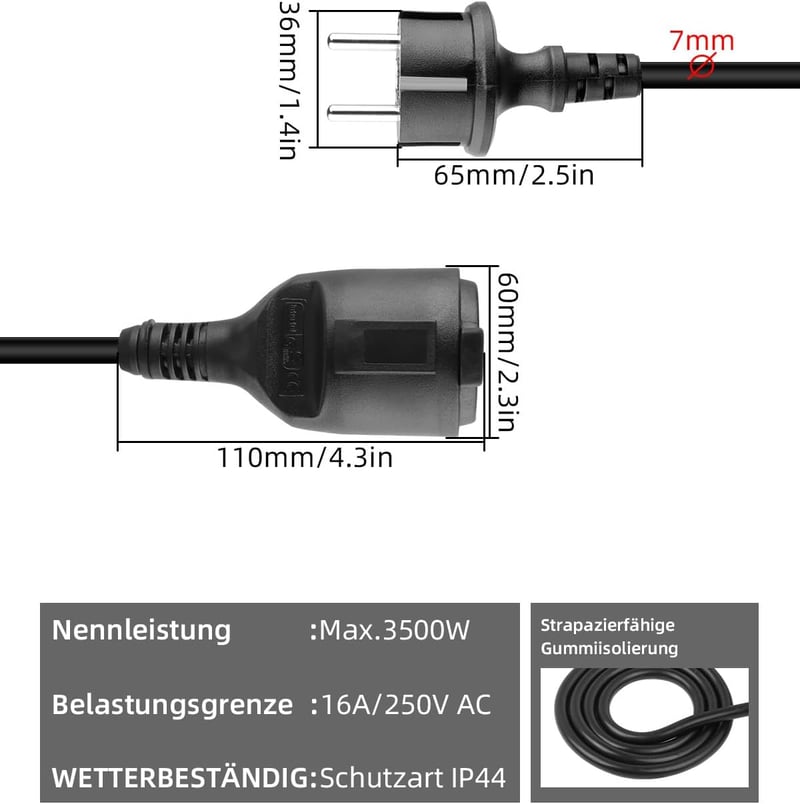 RIIEYOCA Schuko Hosszabbító Kábel, IP44 Védett, 250V/16A, Földelt, Védőkupakos, Kültéri-Beltéri Használatra, Fekete