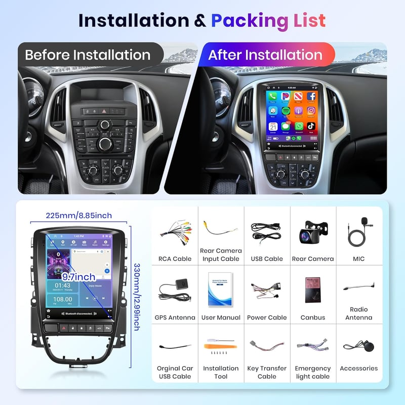 Rimoody 9,7" Android 13 Autórádió Opel Astra J-hez - 8 Magos, 4GB+64GB, Vezeték Nélküli CarPlay, GPS, WiFi, Bluetooth, Tolatókamera