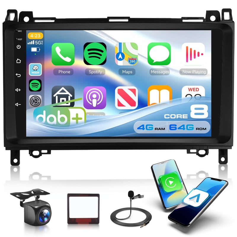 9-palcové autorádio Rimoody s Androidom pre Mercedes Benz A W169, B W245, Vito W639, Viano, W906 Sprinter – DAB+, 4G+64G, 8-jadrový procesor, bezdrôtový CarPlay, GPS, WiFi
