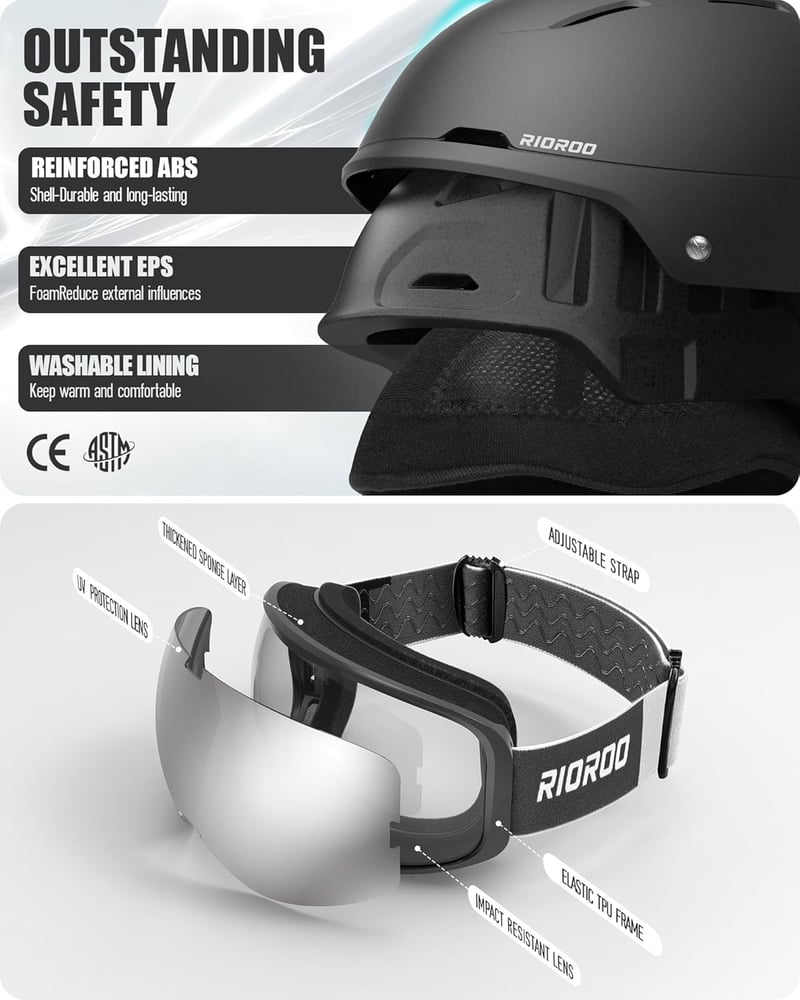 RIOROO Síbukósisak és Szemüveg Szett - Állítható Szellőzésű Sportbukósisak, Szélálló, Unisex, Snowboard, Sí és Téli Sportokhoz, Fekete, S Mé