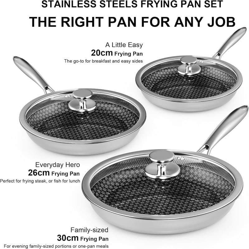 RIOVARM Rozsdamentes Acél Serpenyő Szett Indukciós Tapadásmentes Fedeles Serpenyők 20cm 26cm 30cm Wok Minden Főzőlaphoz