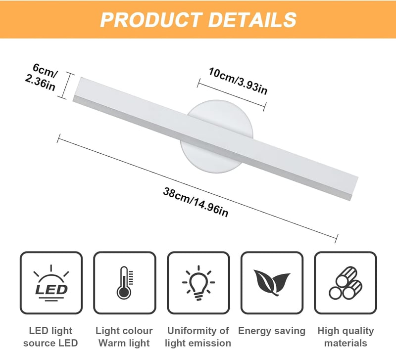 Riserva LED fürdőszobai tükör lámpa 12W, 300° forgatható, meleg fehér