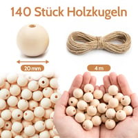 RITOLLO 140 buc. Mărgele din lemn 20 mm, Bile din lemn natural cu gaură, Mărgele rotunde din lemn pentru înșirare (gaură 4-5 mm), DIY Bijuterii, Macrame, Pictură și Decor 2