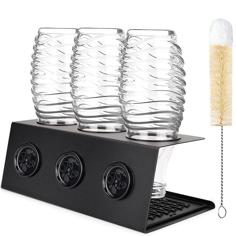 Rivasen Držiak na fľaše SodaStream s odkvapkávačom z nehrdzavejúcej ocele pre 3 fľaše a držiakom na uzávery, čierny, 15,5x10,5x30 cm, pre fľaše Crystal a Emil