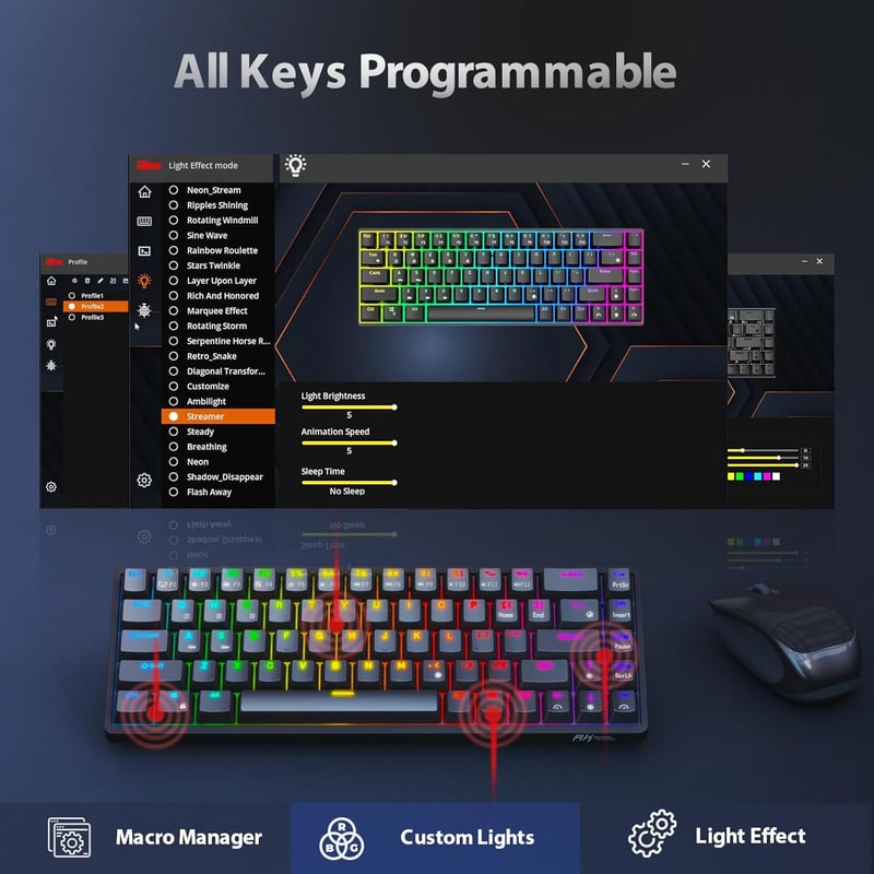 RK ROYAL KLUDGE G68 Mechanikus Gamer Billentyűzet - 65% Kompakt, RGB, Vezeték Nélküli/Bluetooth/USB, Hot-Swap, Piros Kapcsoló, Fekete