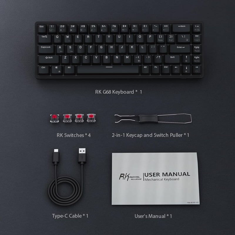 RK ROYAL KLUDGE G68 Mechanikus Gamer Billentyűzet - 65% Kompakt, RGB, Vezeték Nélküli/Bluetooth/USB, Hot-Swap, Piros Kapcsoló, Fekete