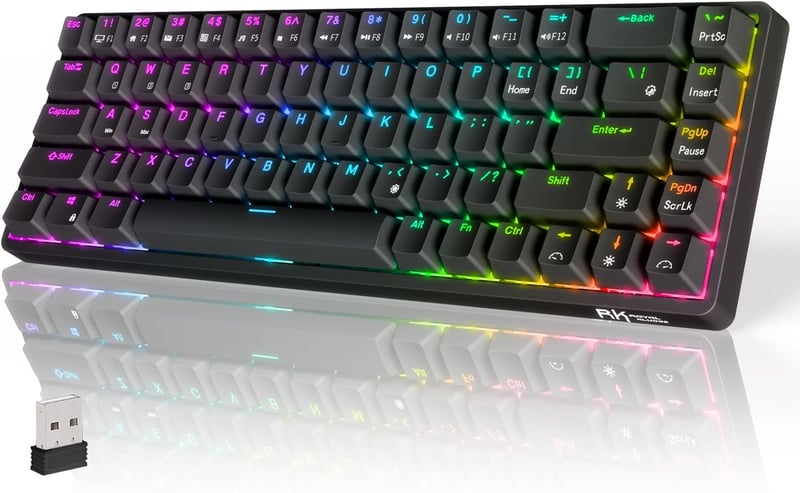 RK ROYAL KLUDGE G68 Mechanikus Gamer Billentyűzet - 65% Kompakt, RGB, Vezeték Nélküli/Bluetooth/USB, Hot-Swap, Piros Kapcsoló, Fekete