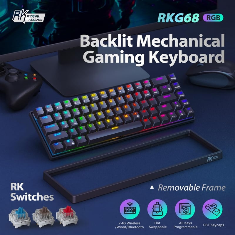 RK ROYAL KLUDGE G68 Mechanikus Gamer Billentyűzet - 65% Kompakt, RGB, Vezeték Nélküli/Bluetooth/USB, Hot-Swap, Piros Kapcsoló, Fekete