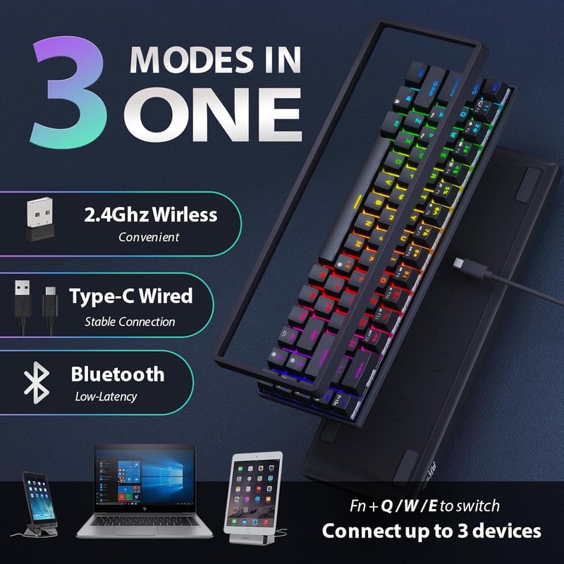 RK ROYAL KLUDGE G68 Mechanikus Gamer Billentyűzet - 65% Kompakt, RGB, Vezeték Nélküli/Bluetooth/USB, Hot-Swap, Piros Kapcsoló, Fekete