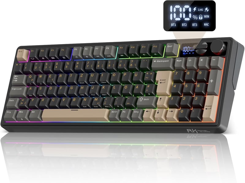 Tastatură mecanică RK ROYAL KLUDGE M100 cu ecran și buton rotativ, 96% gasket, QWERTZ cu tastatură numerică, BT, 2.4GHz, USB-C, RGB, 8000mAh, hotswap, Creamy, negru