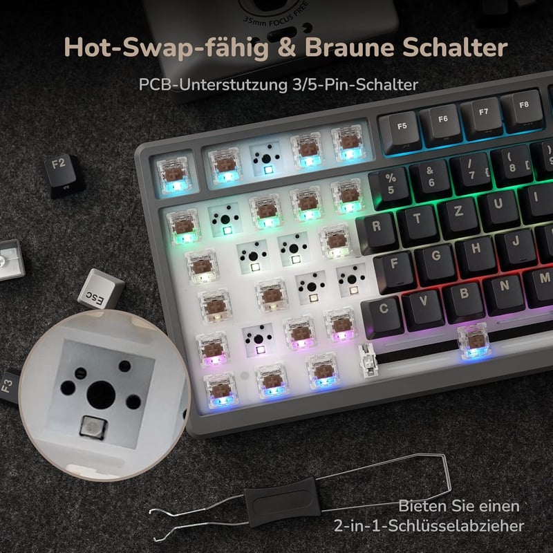 RK ROYAL KLUDGE M75 75% TKL Mechanikus Gamer Billentyűzet, RGB Háttérvilágítás, OLED Kijelző, Hot-Swap Brown Switch, Vezeték Nélküli/Bluetoo