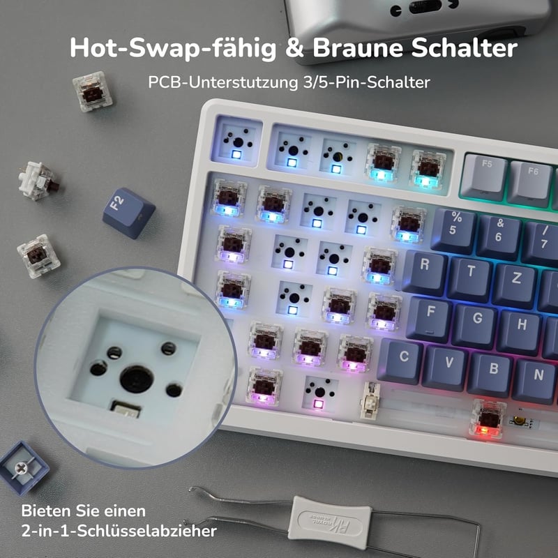 RK ROYAL KLUDGE M75 Vezeték Nélküli Mechanikus Gamer Billentyűzet, 75% TKL, RGB, QWERTZ, OLED Kijelző, Hot-Swap Brown Switch, Lila