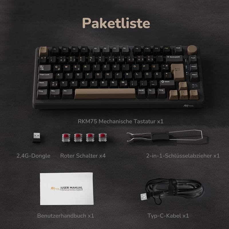 RK ROYAL KLUDGE M75 Vezeték Nélküli Mechanikus Gamer Billentyűzet, 75% TKL, RGB, OLED Kijelző, Hot-Swap Piros Switch, QWERTZ, Szürke