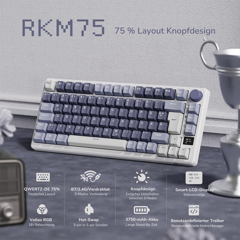 RK ROYAL KLUDGE M75 Vezeték Nélküli Mechanikus Gamer Billentyűzet, 75% TKL, RGB, QWERTZ, OLED Kijelzővel, Hot-Swap Red Switch, Levendula Lil