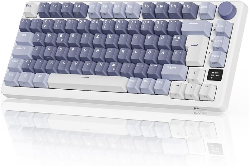 RK ROYAL KLUDGE M75 Vezeték Nélküli Mechanikus Gamer Billentyűzet, 75% TKL, RGB, QWERTZ, OLED Kijelzővel, Hot-Swap Red Switch, Levendula Lil
