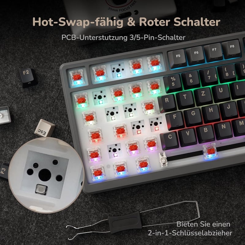 RK ROYAL KLUDGE M75 Vezeték Nélküli Mechanikus Gamer Billentyűzet, 75% TKL, RGB, OLED Kijelző, Hot-Swap Piros Switch, QWERTZ, Szürke