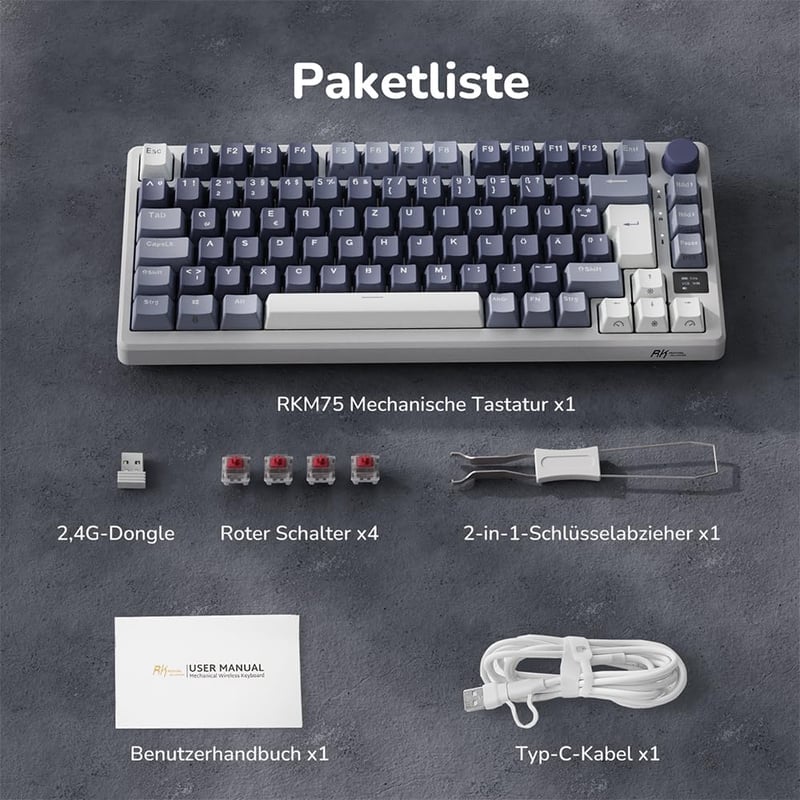 RK ROYAL KLUDGE M75 Vezeték Nélküli Mechanikus Gamer Billentyűzet, 75% TKL, RGB, QWERTZ, OLED Kijelzővel, Hot-Swap Red Switch, Levendula Lil