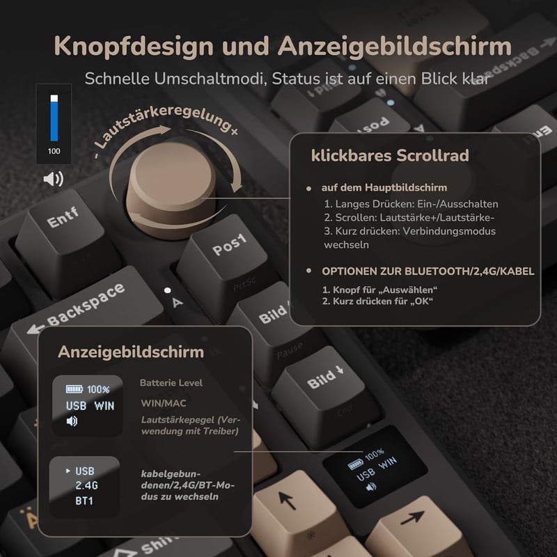 RK ROYAL KLUDGE M75 75% TKL Mechanikus Gamer Billentyűzet, RGB Háttérvilágítás, OLED Kijelző, Hot-Swap Brown Switch, Vezeték Nélküli/Bluetoo