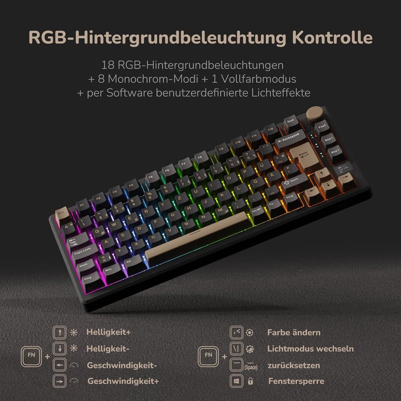 RK ROYAL KLUDGE M75 75% TKL Mechanikus Gamer Billentyűzet, RGB Háttérvilágítás, OLED Kijelző, Hot-Swap Brown Switch, Vezeték Nélküli/Bluetoo