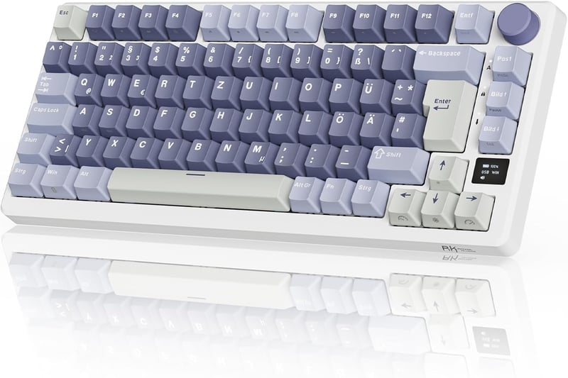 RK ROYAL KLUDGE M75 Vezeték Nélküli Mechanikus Gamer Billentyűzet, 75% TKL, RGB, QWERTZ, OLED Kijelző, Hot-Swap Brown Switch, Lila