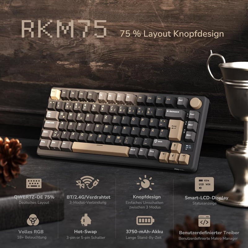 RK ROYAL KLUDGE M75 75% TKL Mechanikus Gamer Billentyűzet, RGB Háttérvilágítás, OLED Kijelző, Hot-Swap Brown Switch, Vezeték Nélküli/Bluetoo