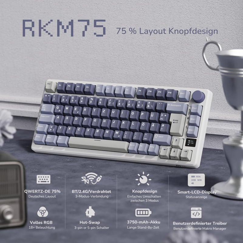 RK ROYAL KLUDGE M75 Vezeték Nélküli Mechanikus Gamer Billentyűzet, 75% TKL, RGB, QWERTZ, OLED Kijelző, Hot-Swap Brown Switch, Lila
